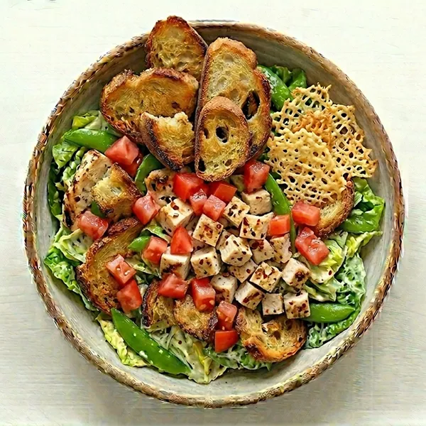 Twisted Chicken Ceaser Salad With Parmesan Crisp And Sour-Dough Croton